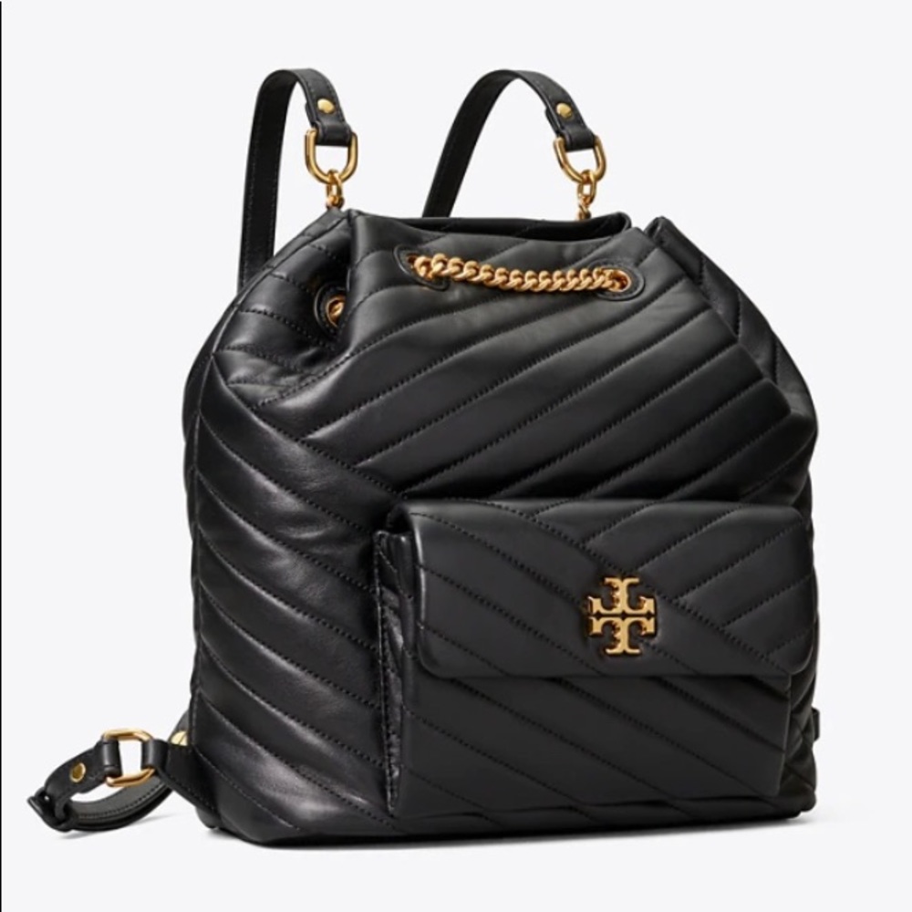 Tory Burch Black Quilted Leather Drawstring Backpack with Gold Hardware